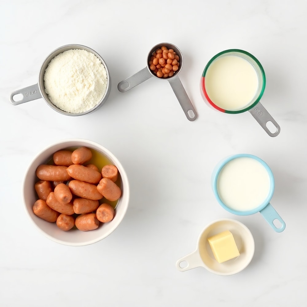Sausage, pancake mix, eggs, milk, and butter arranged on a white marble surface