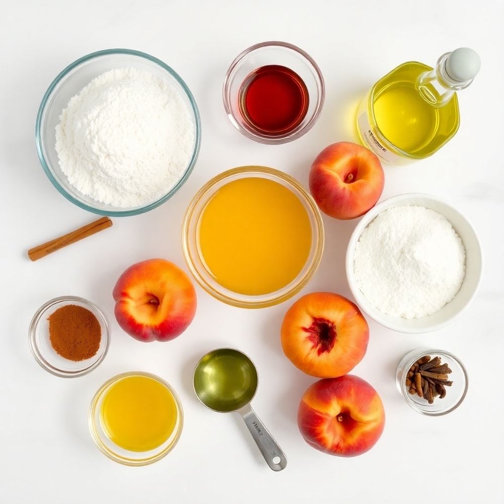 Raw ingredients for Easy Spiced Peach Bread on a marble surface