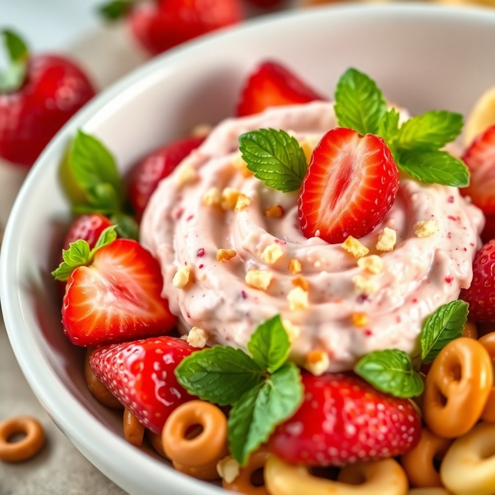 Strawberry Pretzel Salad Dip served in a bowl with pretzels