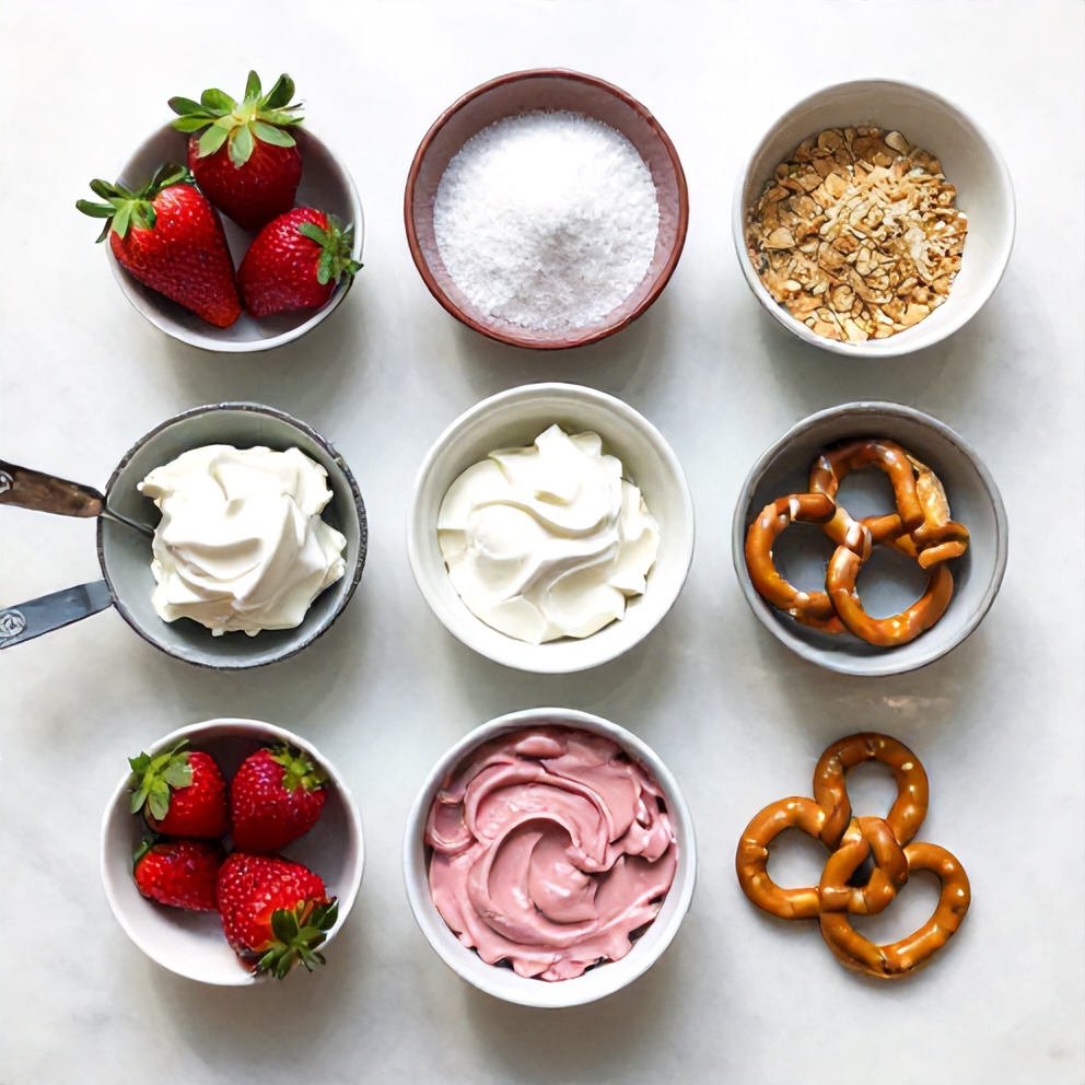 Raw ingredients for strawberry pretzel salad dip on a white marble surface