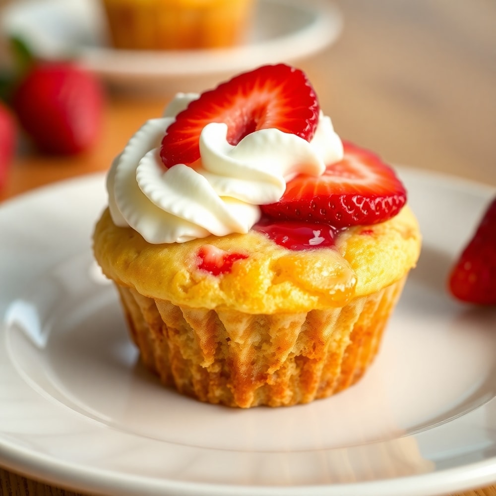 Plated Easy Strawberry Shortcake Muffins with whipped cream