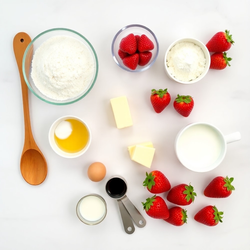 Ingredients for Easy Strawberry Shortcake Muffins on a wooden surface