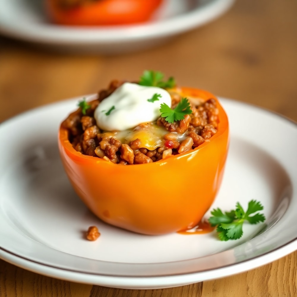 Plated Easy Stuffed Bell Peppers with garnish