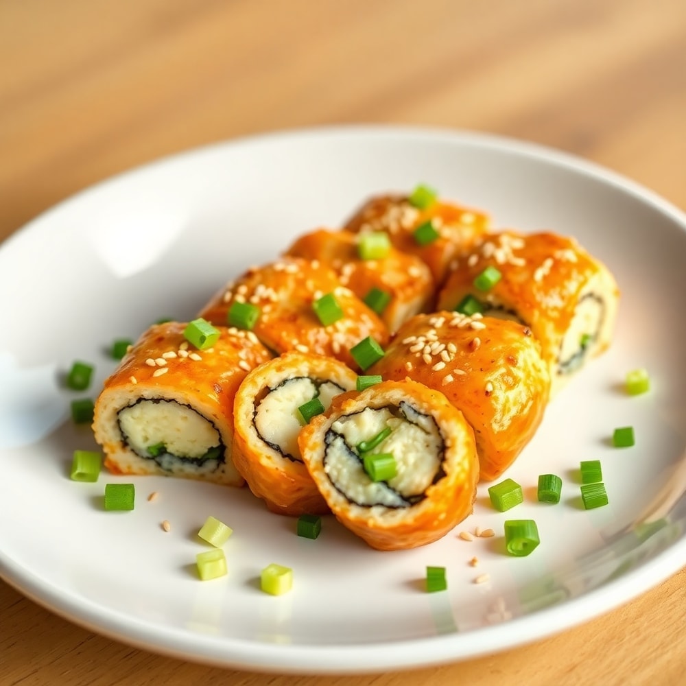 Plated serving of Easy Sushi Bake with green onions and sesame seeds