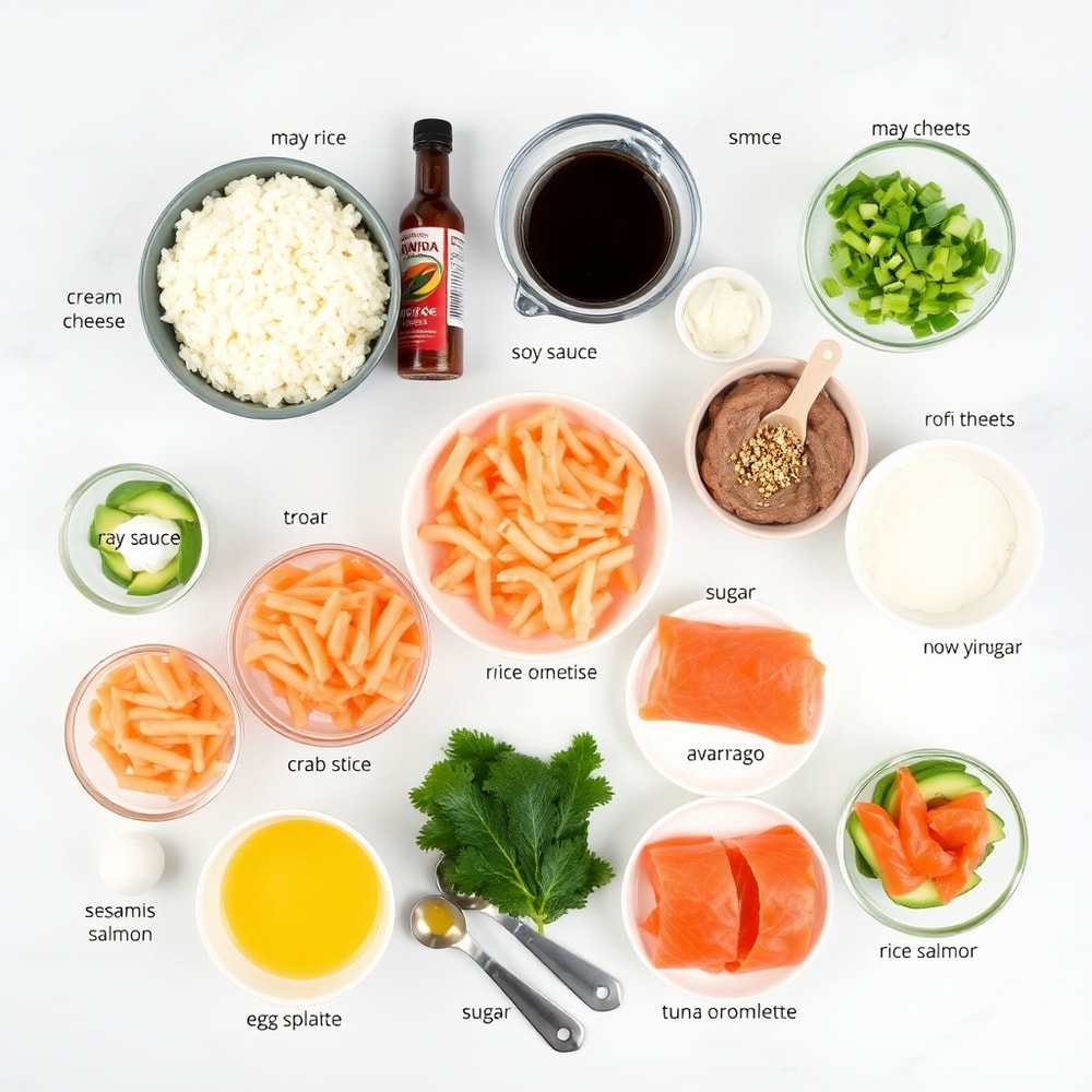 Raw ingredients for Easy Sushi Bake arranged on a white marble surface