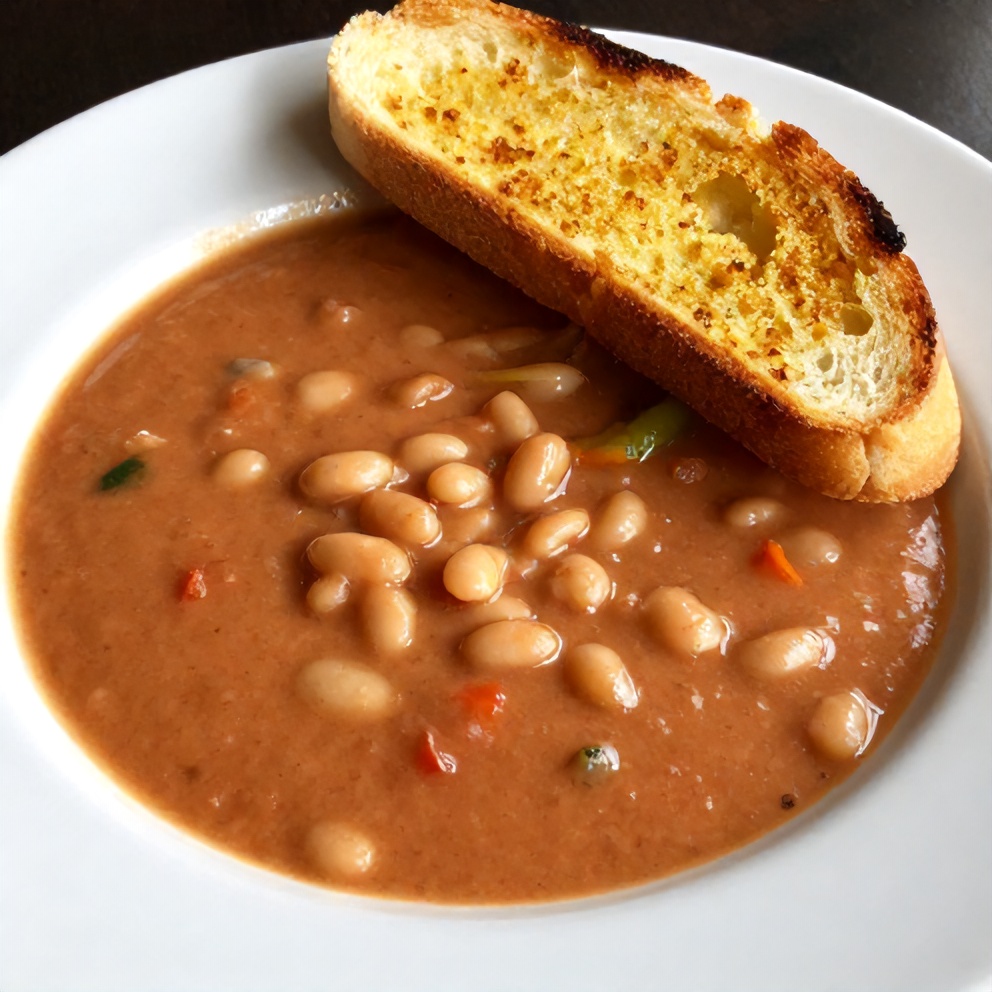 Bowl of Creamy Tomato and White Bean Soup with Crispy Garlic Toast