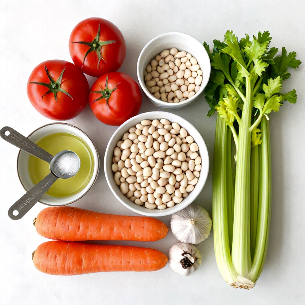 Raw Ingredients for Tomato White Bean Soup: Canned Tomatoes, White Beans, Garlic, Onion, Carrots, Celery, Olive Oil, Salt, Pepper