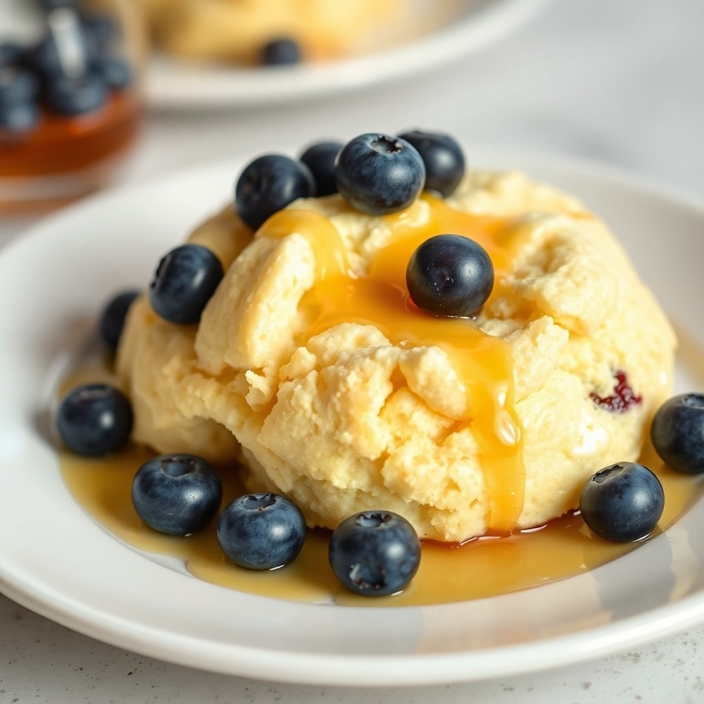 Plated Fluffy Cottage Cheese Blueberry Cloud Bread with fresh blueberries on top