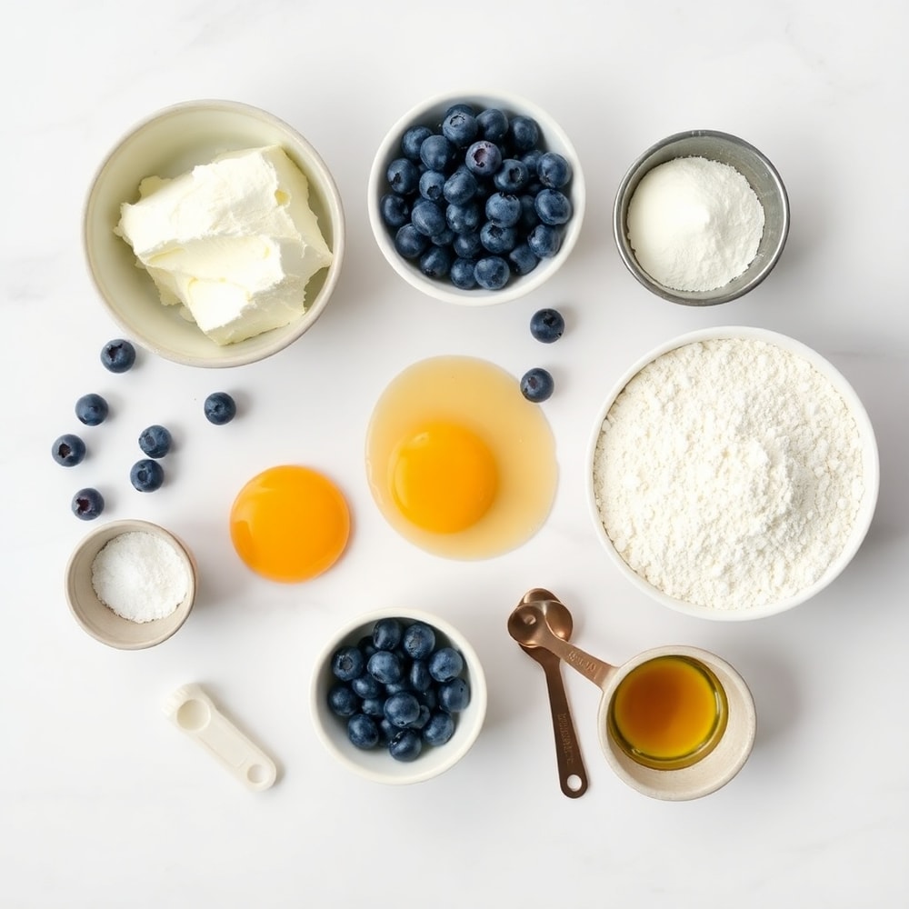 Raw ingredients for Fluffy Cottage Cheese Blueberry Cloud Bread on a marble surface