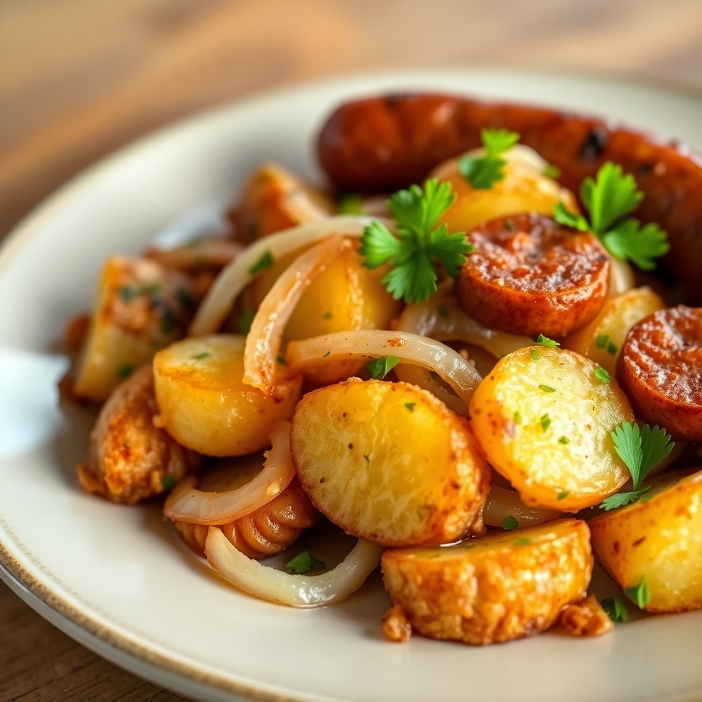 Crispy Fried Potatoes, Onions, and Smoked Polish Sausage