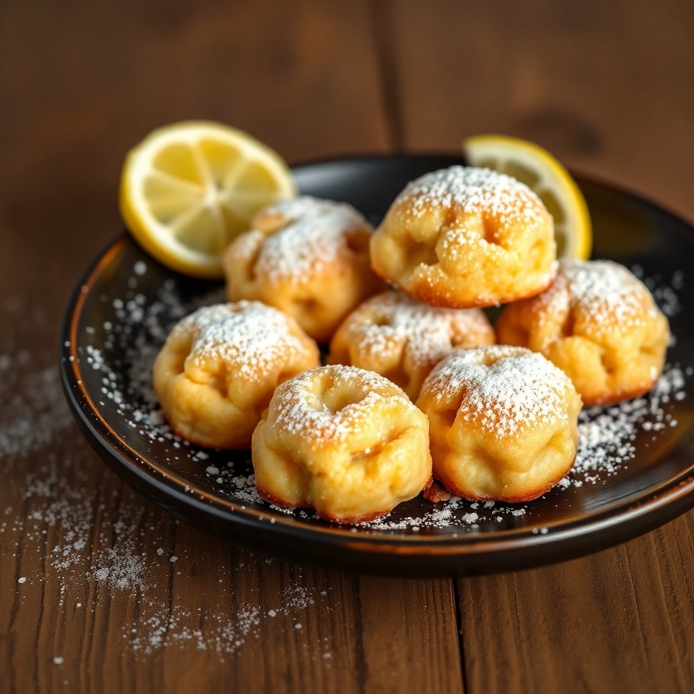 Funnel cake bites on a plate with powdered sugar and a lemon wedge