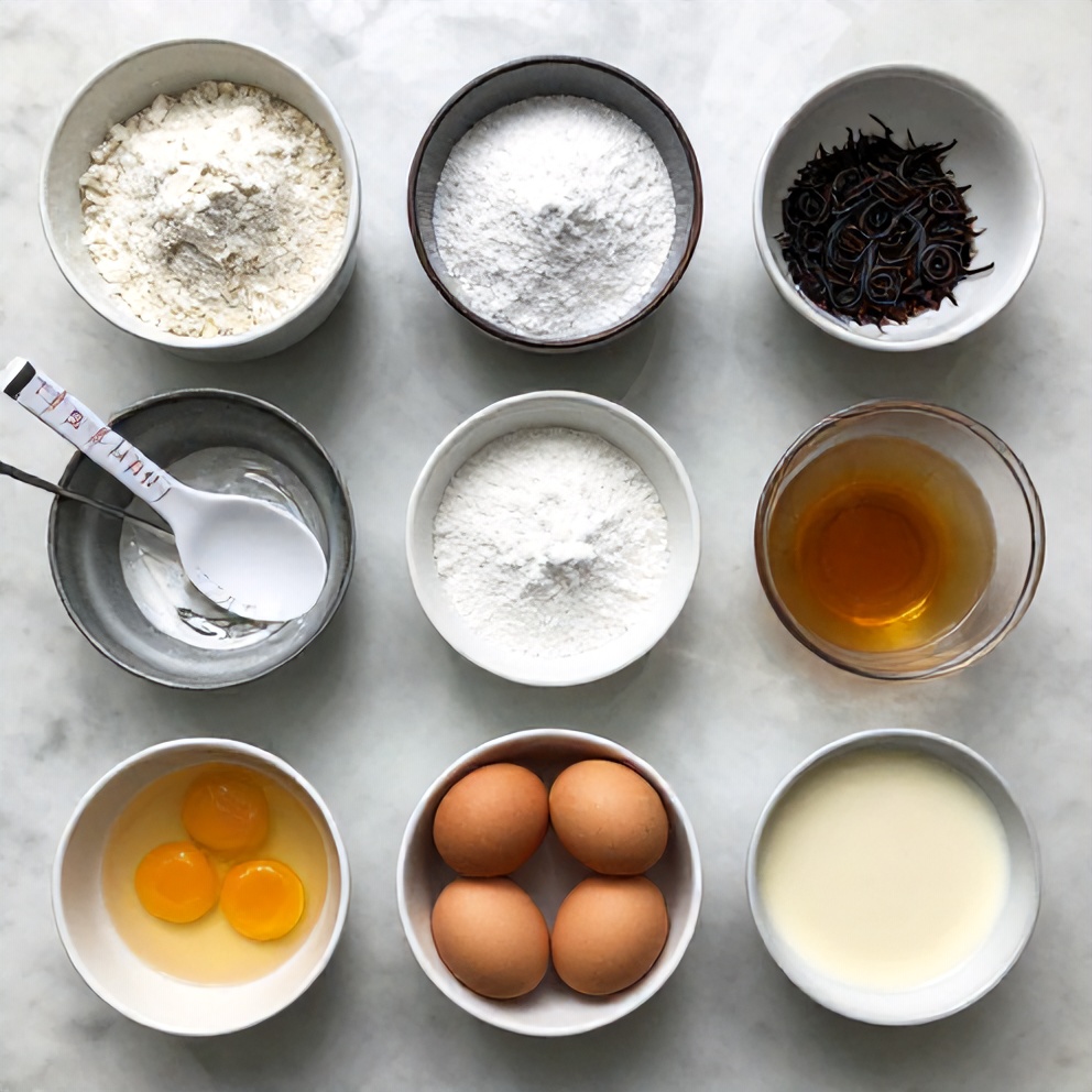 Funnel cake ingredients laid out on a marble surface