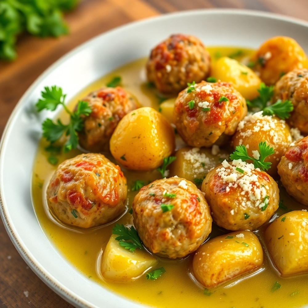 Plated Garlic Butter Meatballs and Potatoes
