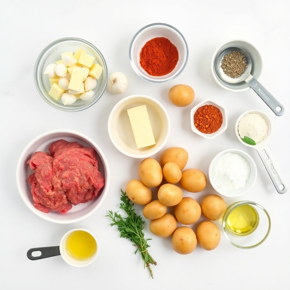 Raw ingredients for Garlic Butter Meatballs and Potatoes