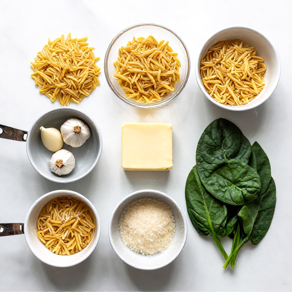 Raw ingredients for Garlic Butter One Pan Orzo arranged in an overhead flat lay, including orzo, garlic, butter, Parmesan, and spinach.