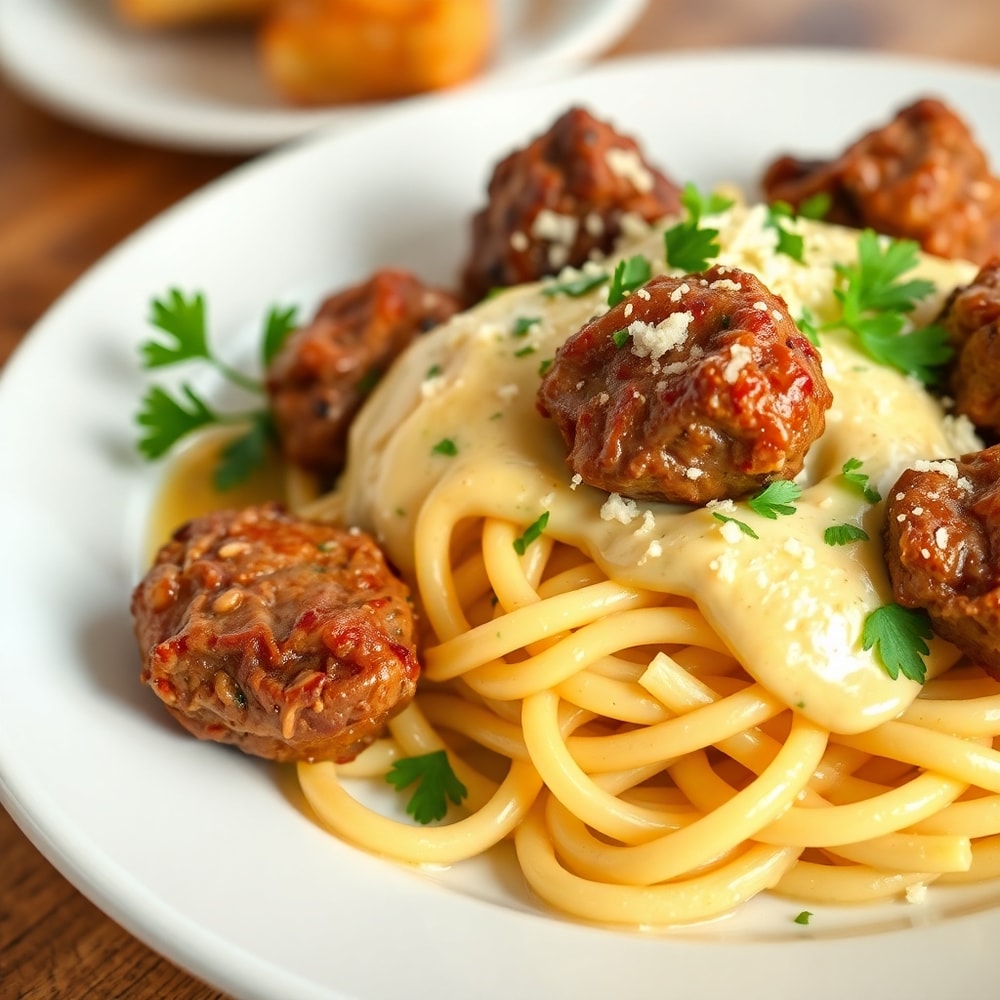 Garlic Butter Steak Bites with Pasta and Parmesan Cream plated