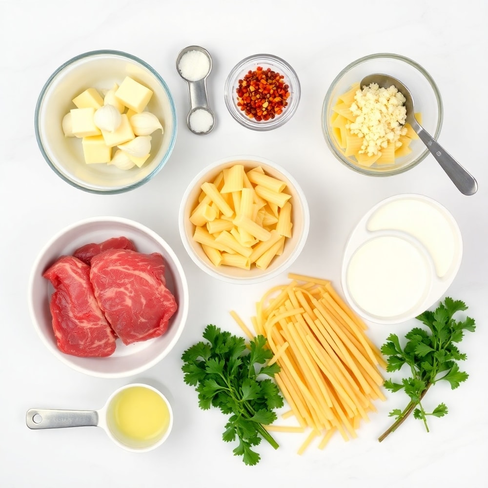 Raw ingredients for Garlic Butter Steak Bites with Pasta and Parmesan Cream