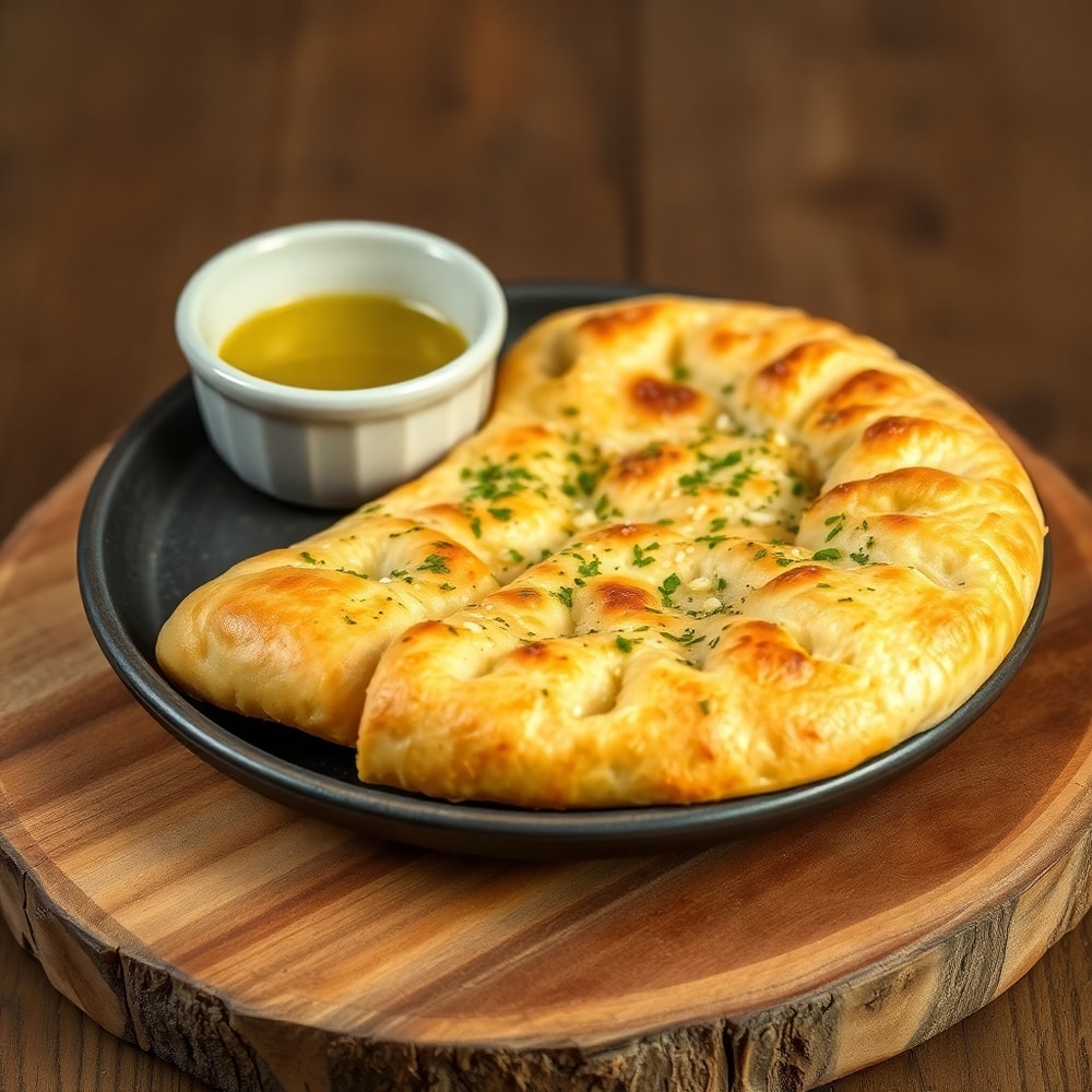 Garlic Parmesan Focaccia sliced and served with dipping oil