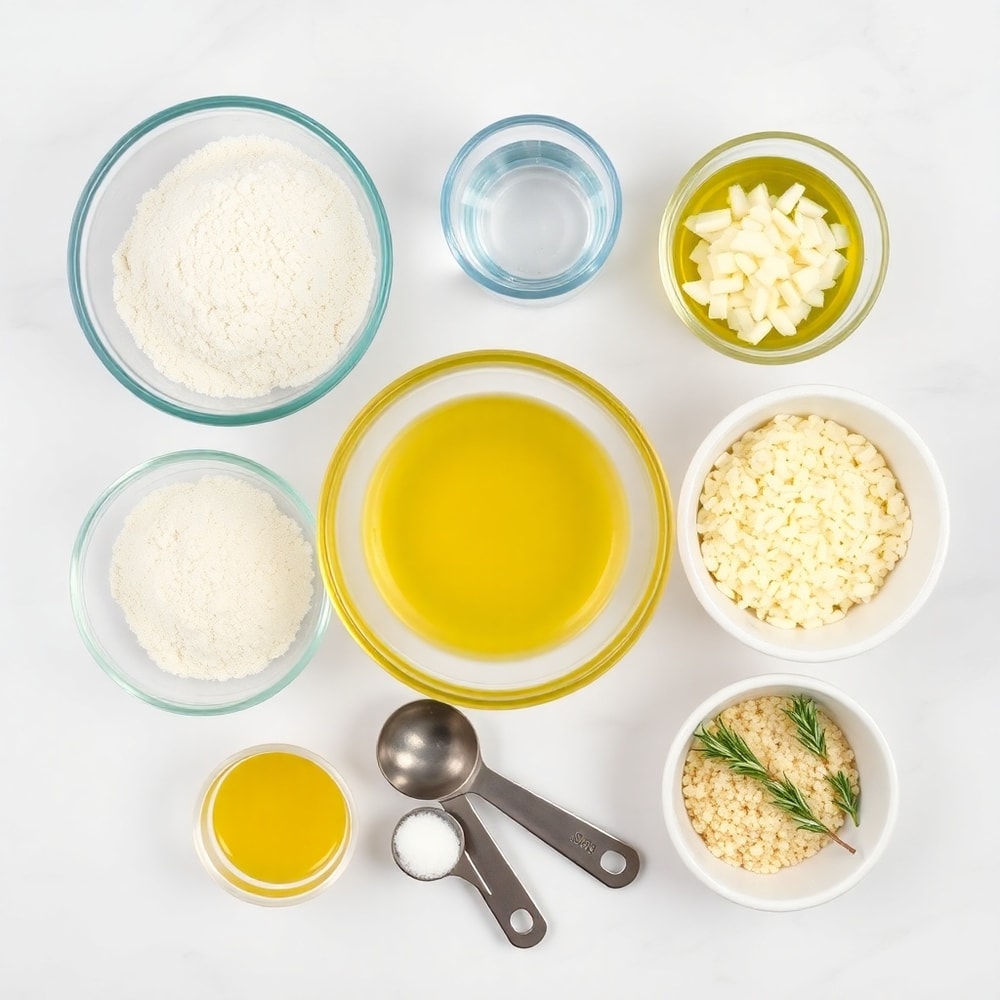 Ingredients for Garlic Parmesan Focaccia: flour, yeast, water, olive oil, garlic, parmesan, salt