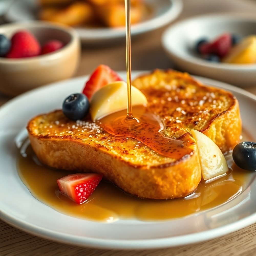 Golden French Toast with syrup and fruit