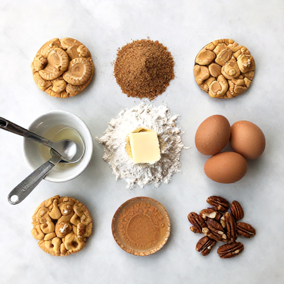 Butterscotch chips, brown sugar, flour, butter, eggs, vanilla extract, and pecans on a marble surface