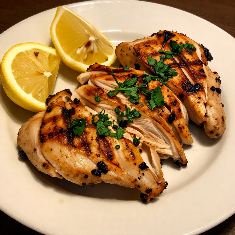 Plated grilled chicken with garnish