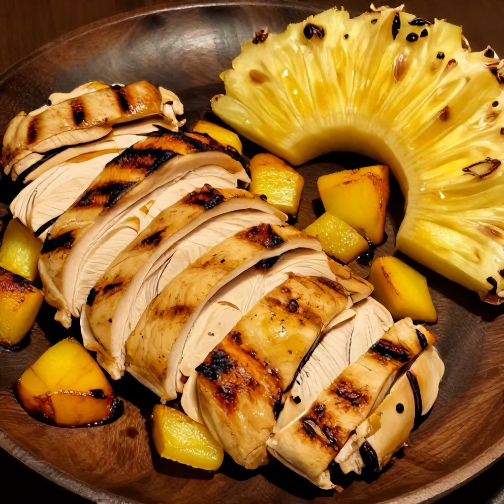 Plated grilled mango pineapple chicken with pineapple rings