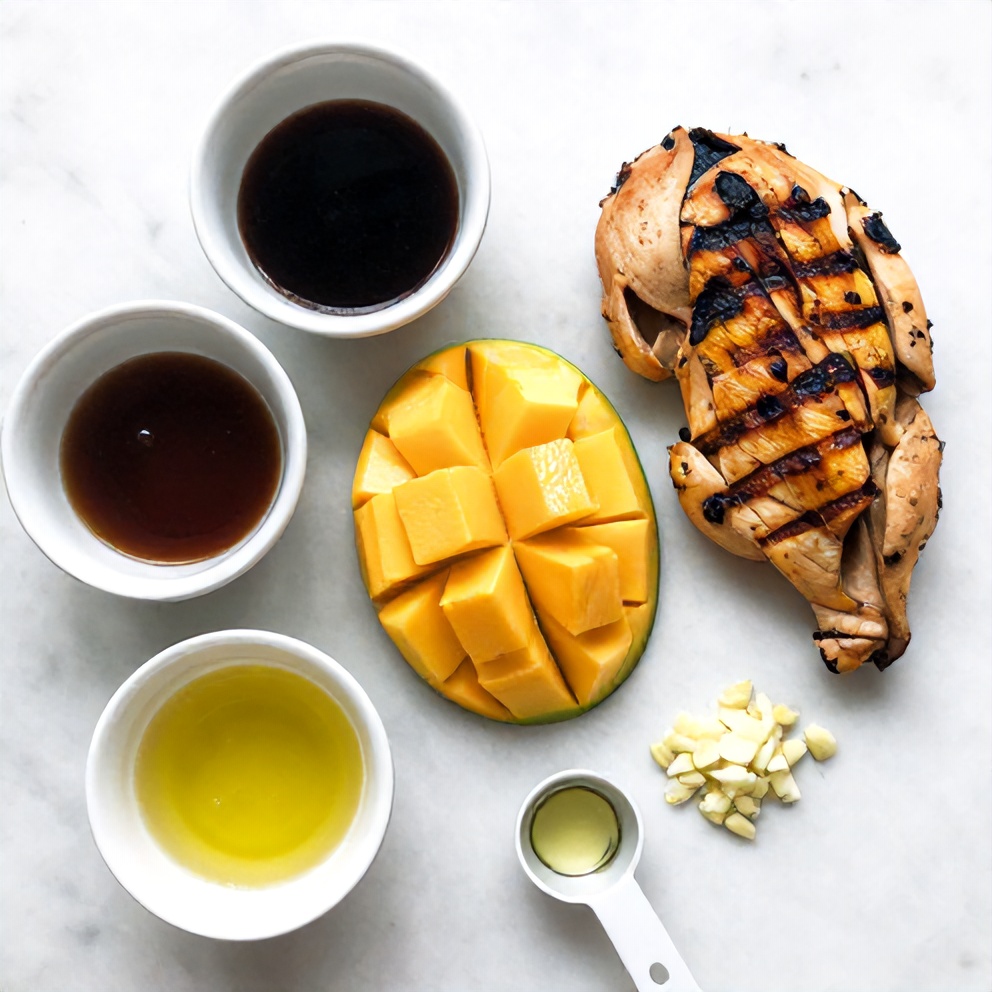 Raw ingredients for grilled mango pineapple chicken on a marble surface