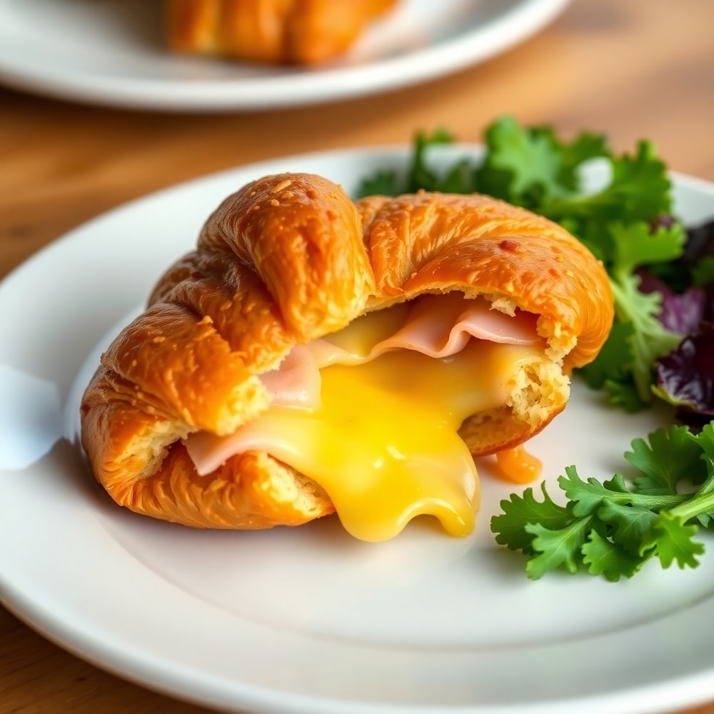 A plated ham and cheese croissant with a side of mixed greens