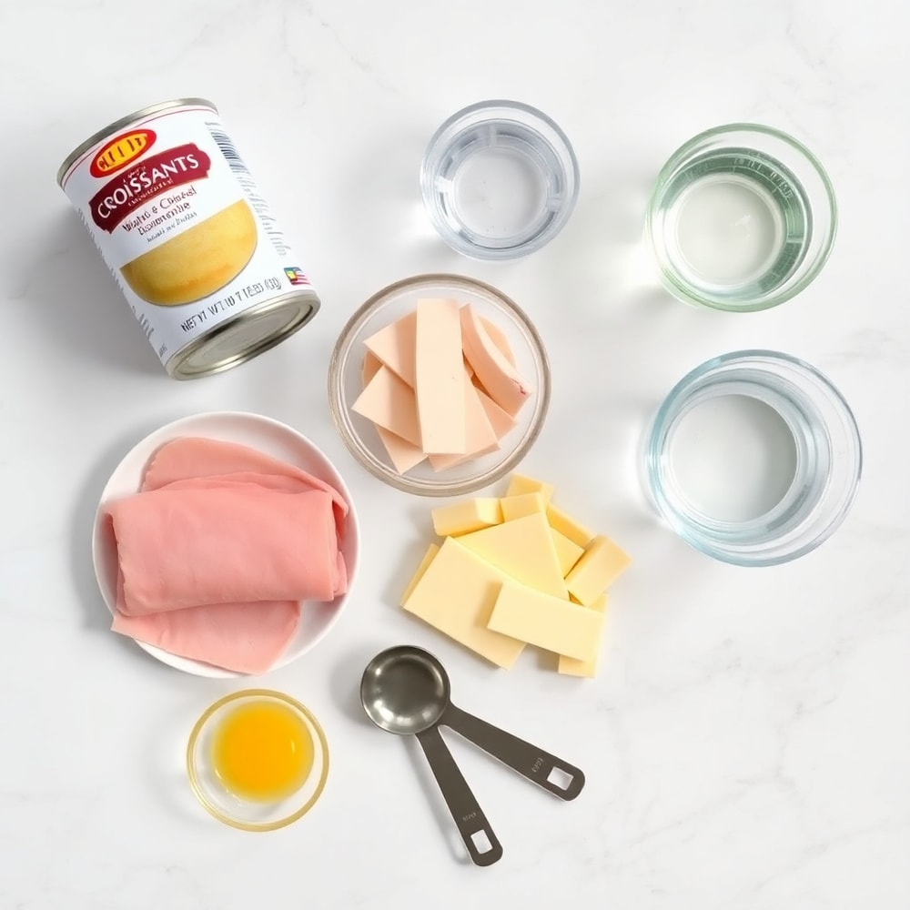 Ham, cheese, croissant dough, and other ingredients laid out on a wooden table
