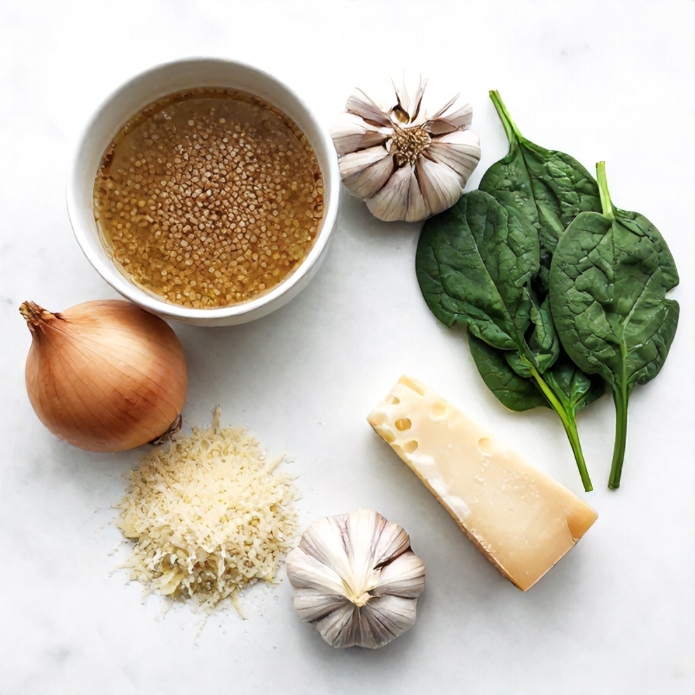 Quinoa, vegetable broth, onion, garlic, spinach, parmesan cheese, and other ingredients arranged in a flat lay