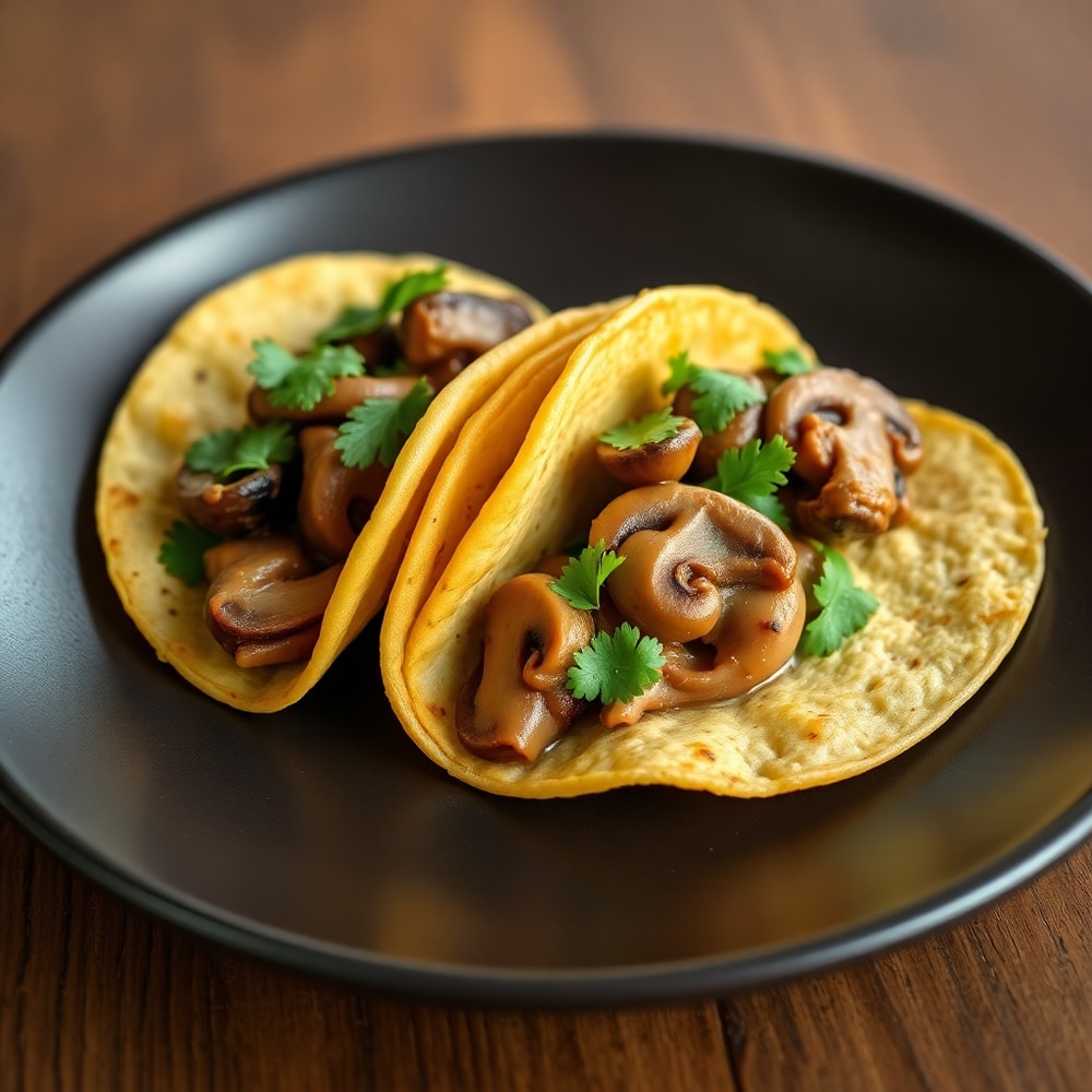 Plated Mushroom Tacos with fresh cilantro