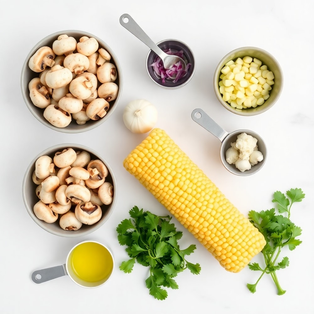 Raw ingredients for Mushroom Tacos on a white marble surface