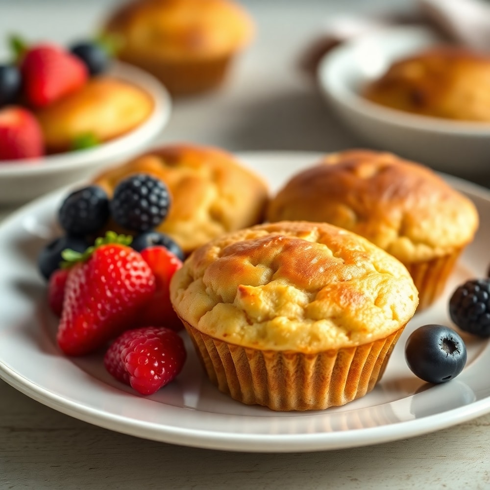 High protein pancake muffins plated with a side of fresh fruit