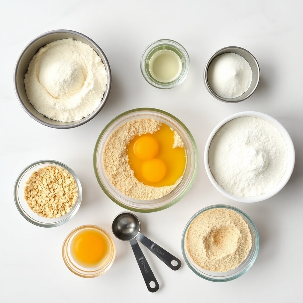 Ingredients for high protein pancake muffins including protein powder, oats, eggs, and baking powder
