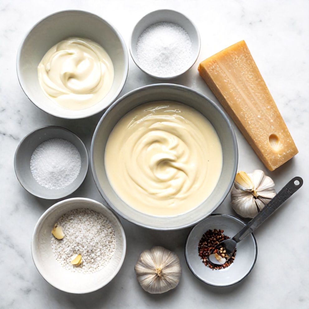 Raw ingredients for homemade alfredo sauce arranged in a flat lay