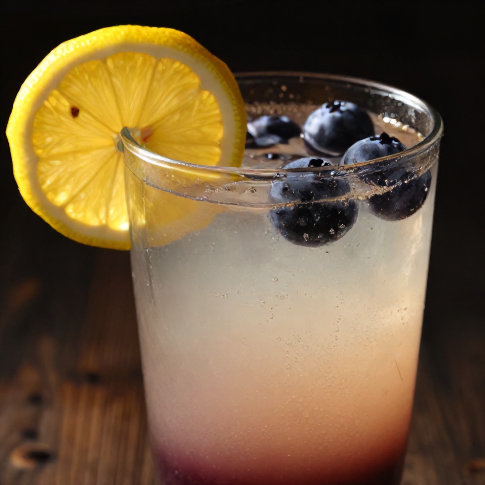Glass of homemade blueberry lemonade with ice and a lemon slice