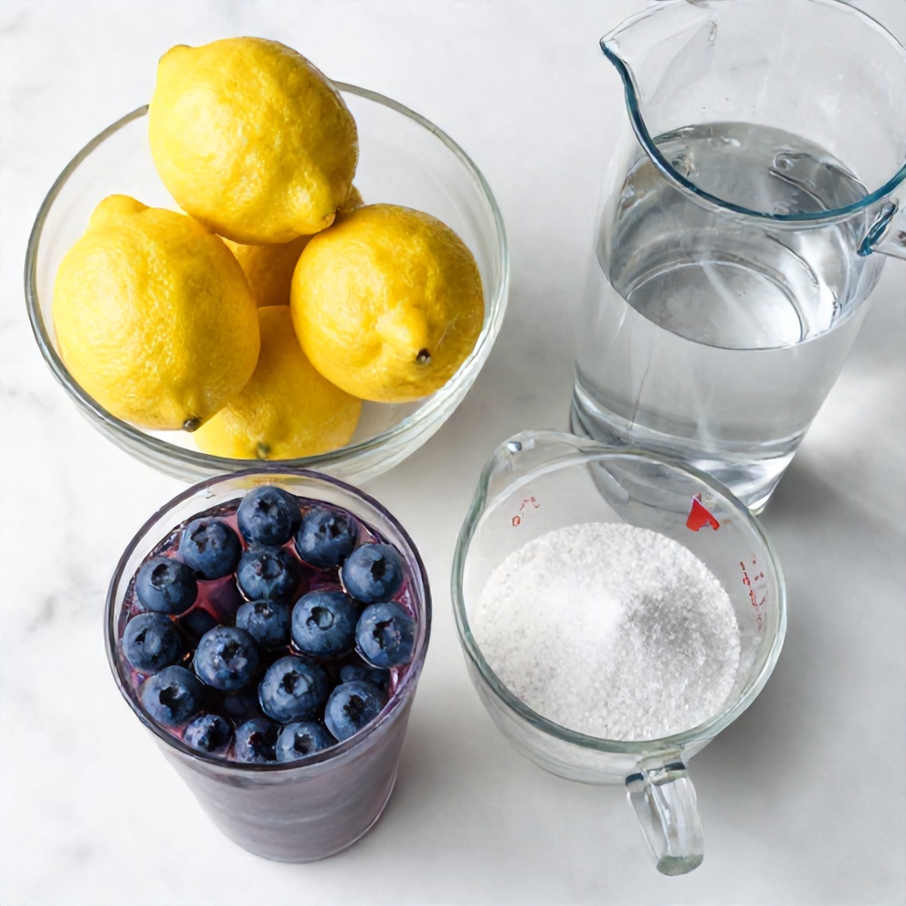 Blueberries, lemons, sugar, water, and a pitcher on a wooden surface