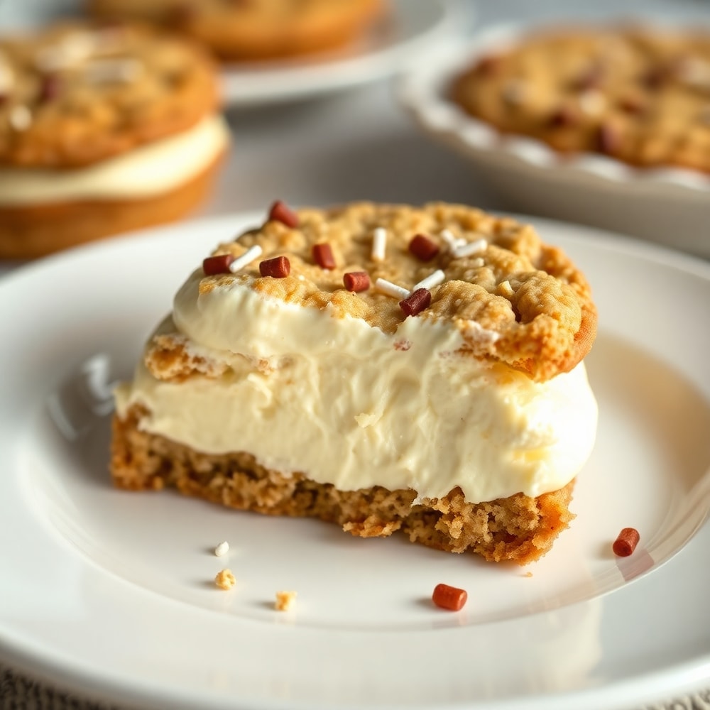 Plated homemade oatmeal cream pie with a bite taken