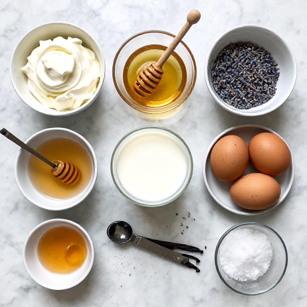 Raw ingredients for honey lavender ice cream on a marble surface