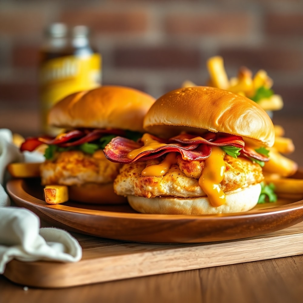 Honey Mustard BLT Chicken Sliders on a plate with a side of fries