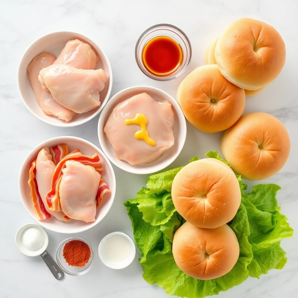 Raw ingredients for Honey Mustard BLT Chicken Sliders on a marble surface