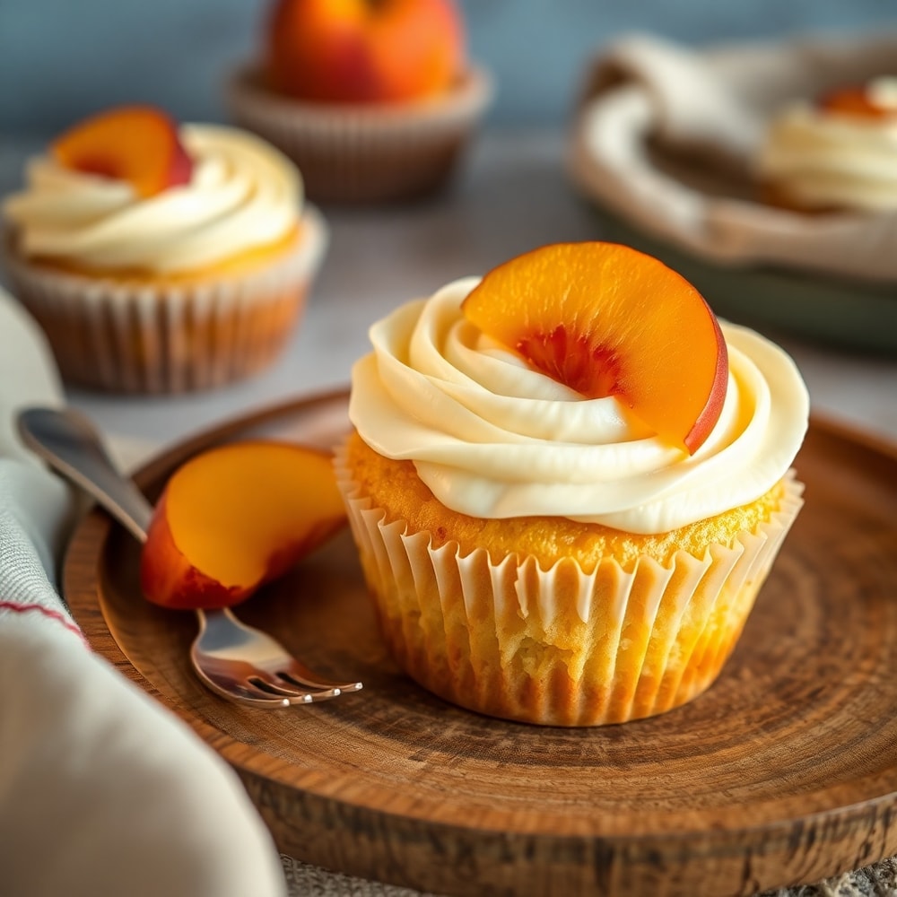 Honey Peach Cream Cheese Cupcakes with cream cheese frosting and peach garnish on a rustic plate