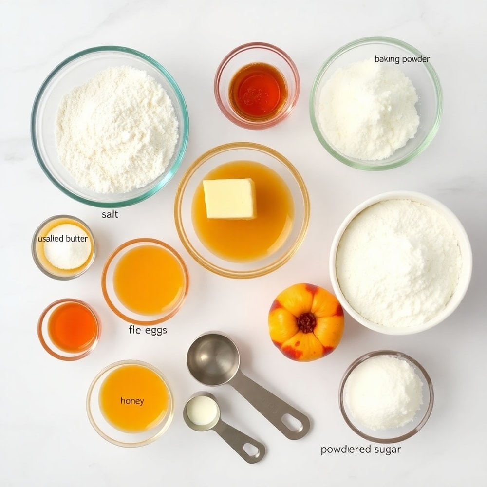 Honey, peaches, cream cheese, flour, sugar, and other ingredients for Honey Peach Cream Cheese Cupcakes