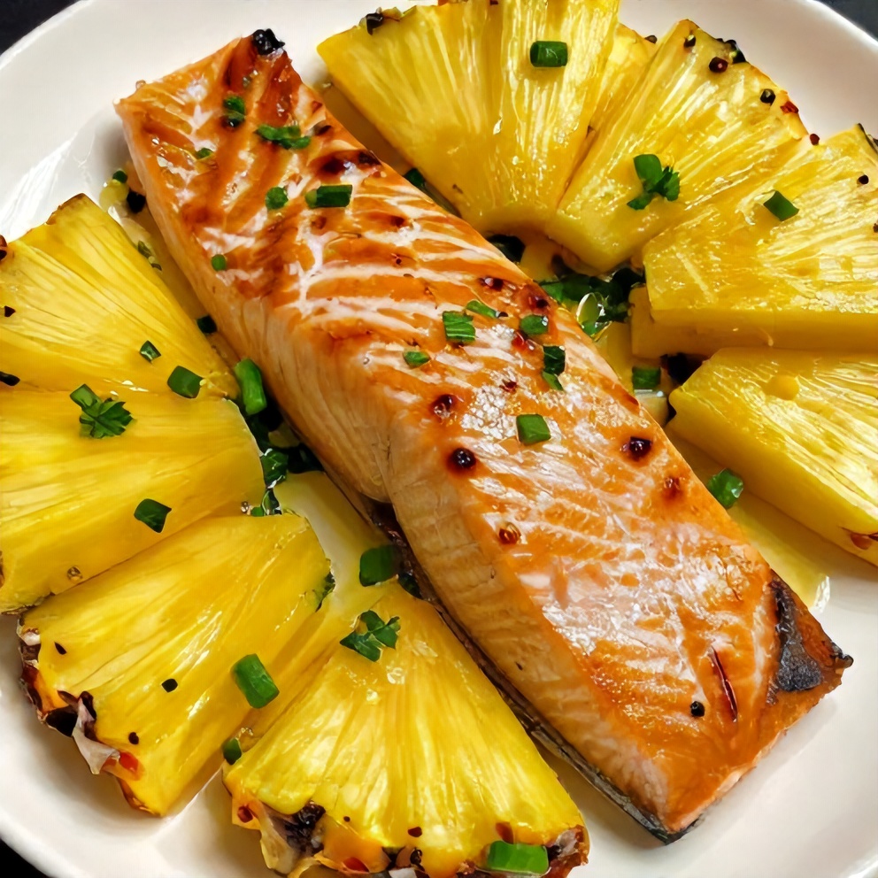 Plated Honey Pineapple Salmon with pineapple slices