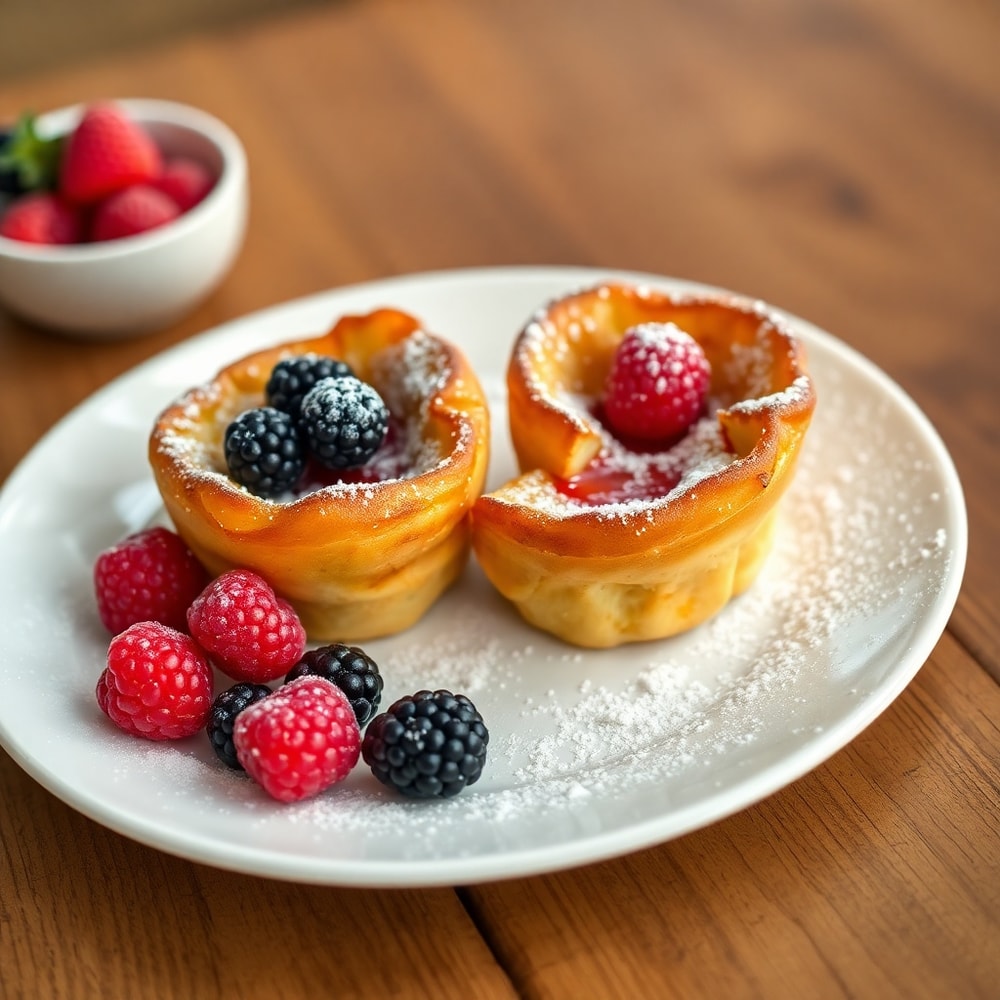One perfect plated serving of French Toast Cups, warm side lighting, wooden surface