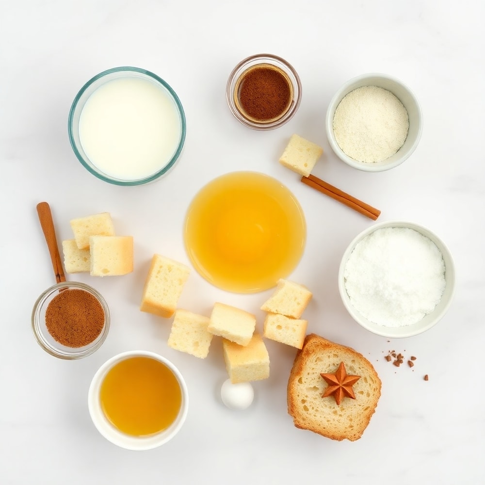 Raw ingredients for French Toast Cups arranged in an overhead flat lay, bright even natural light, white marble surface