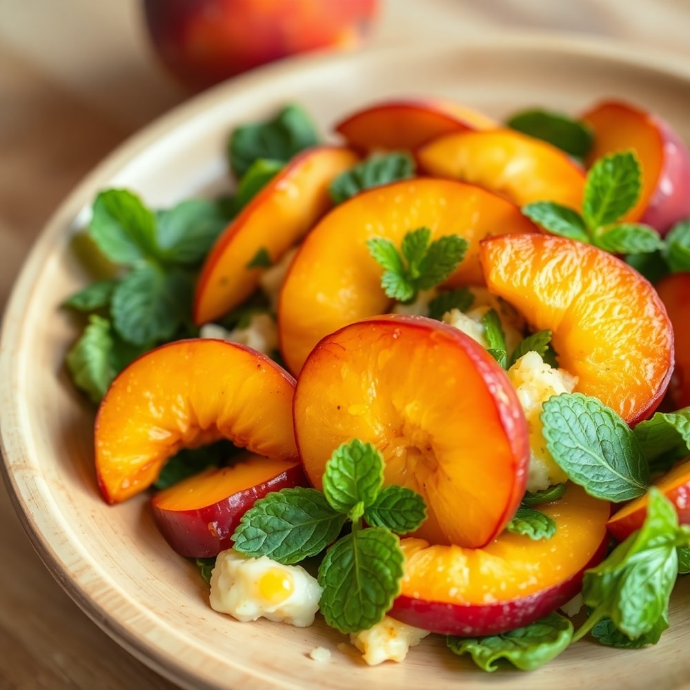 Plated serving of Irresistible Peach Salad with fresh peaches, mint, and a tangy dressing