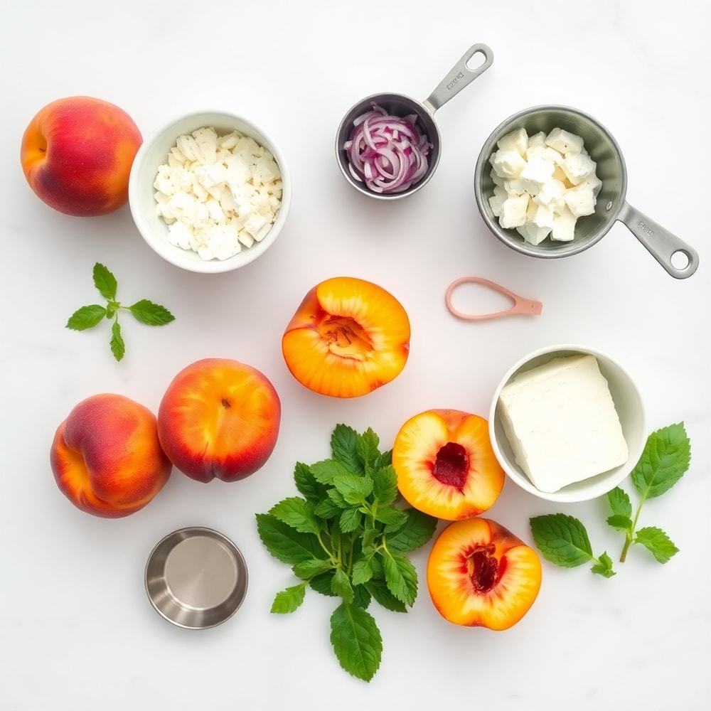 Raw ingredients for Peach Salad including fresh peaches, mint, red onion, and feta cheese