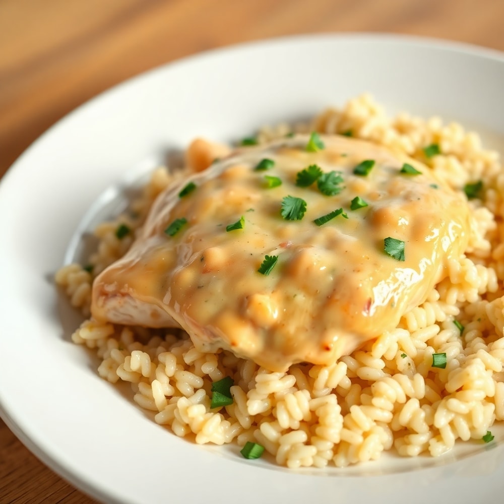 Finished Creamy Smothered Chicken and Rice